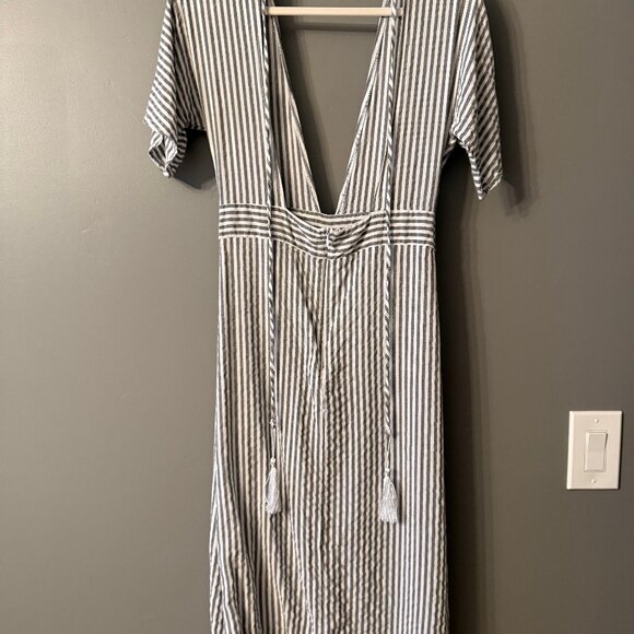 Blue and White Striped Dress with Deep V Neck - Picture 2 of 4